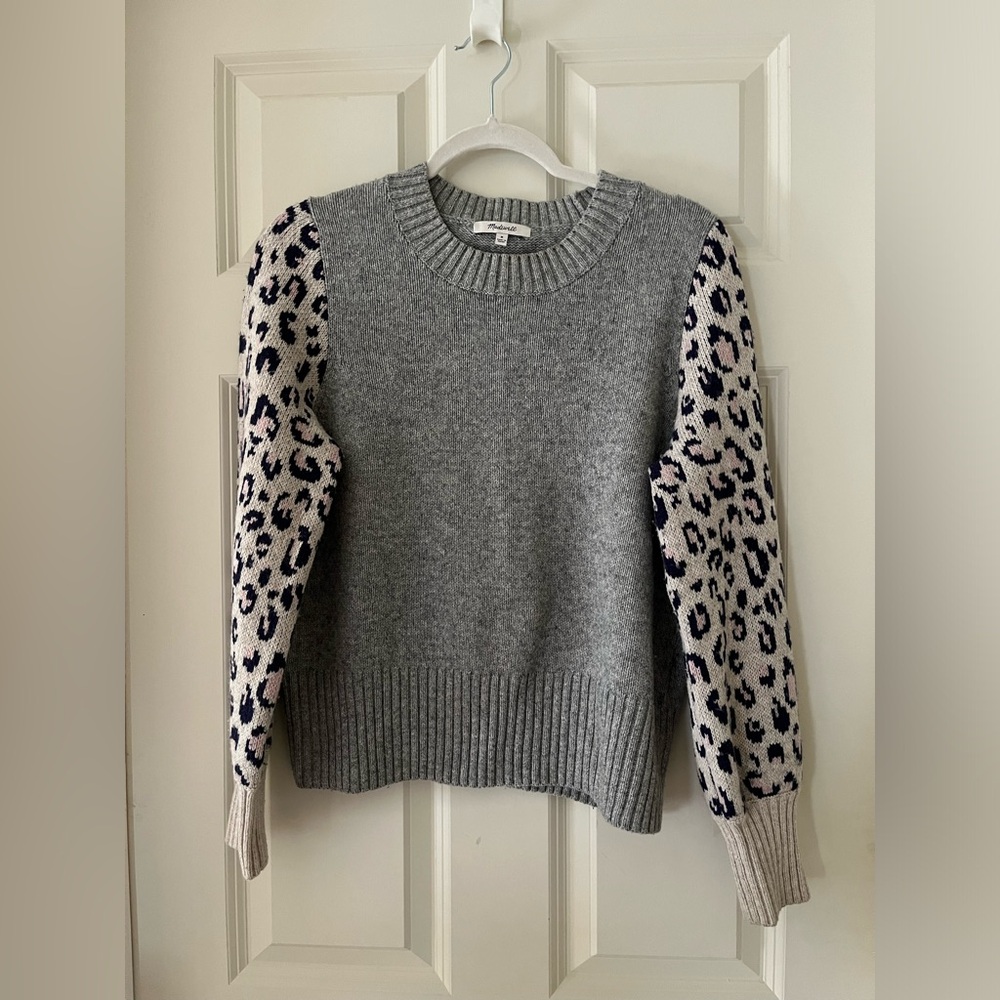 Women’s Madewell Leopard-Sleeve Tensley Pullover Sweater in Cotton-Merino Yarn M